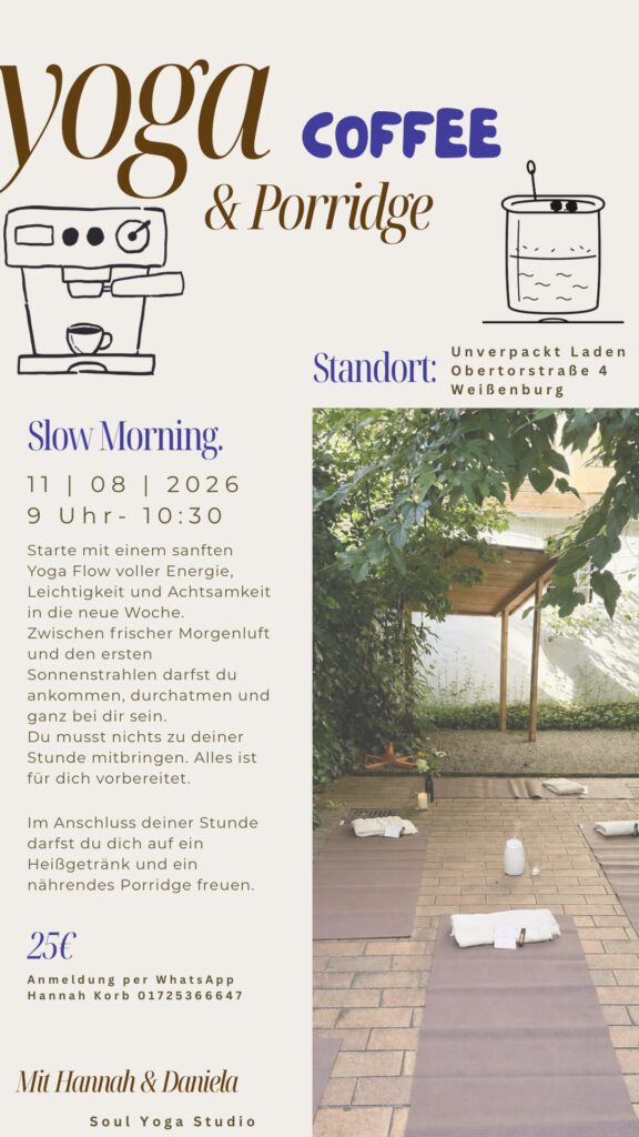 Flyer zum vergangenen Yoga-Morgen am 11. August 2026: 9 bis 10:30 Uhr, danach Kaffee und Porridge, 25 Euro, mit Hannah und Daniela